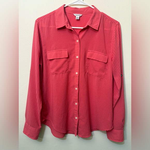 Calvin Klein Coral Check Button-Down Shirt, Size M - Picture 1 of 4
